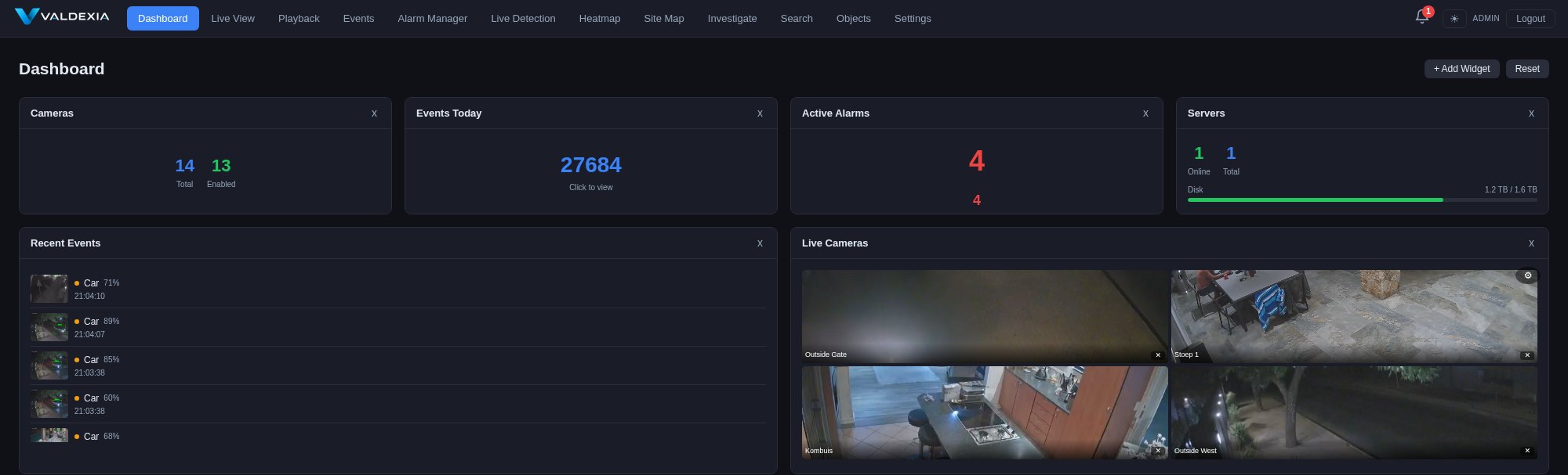 Valdexia dashboard — live cameras, recent AI detections, alarms and server health