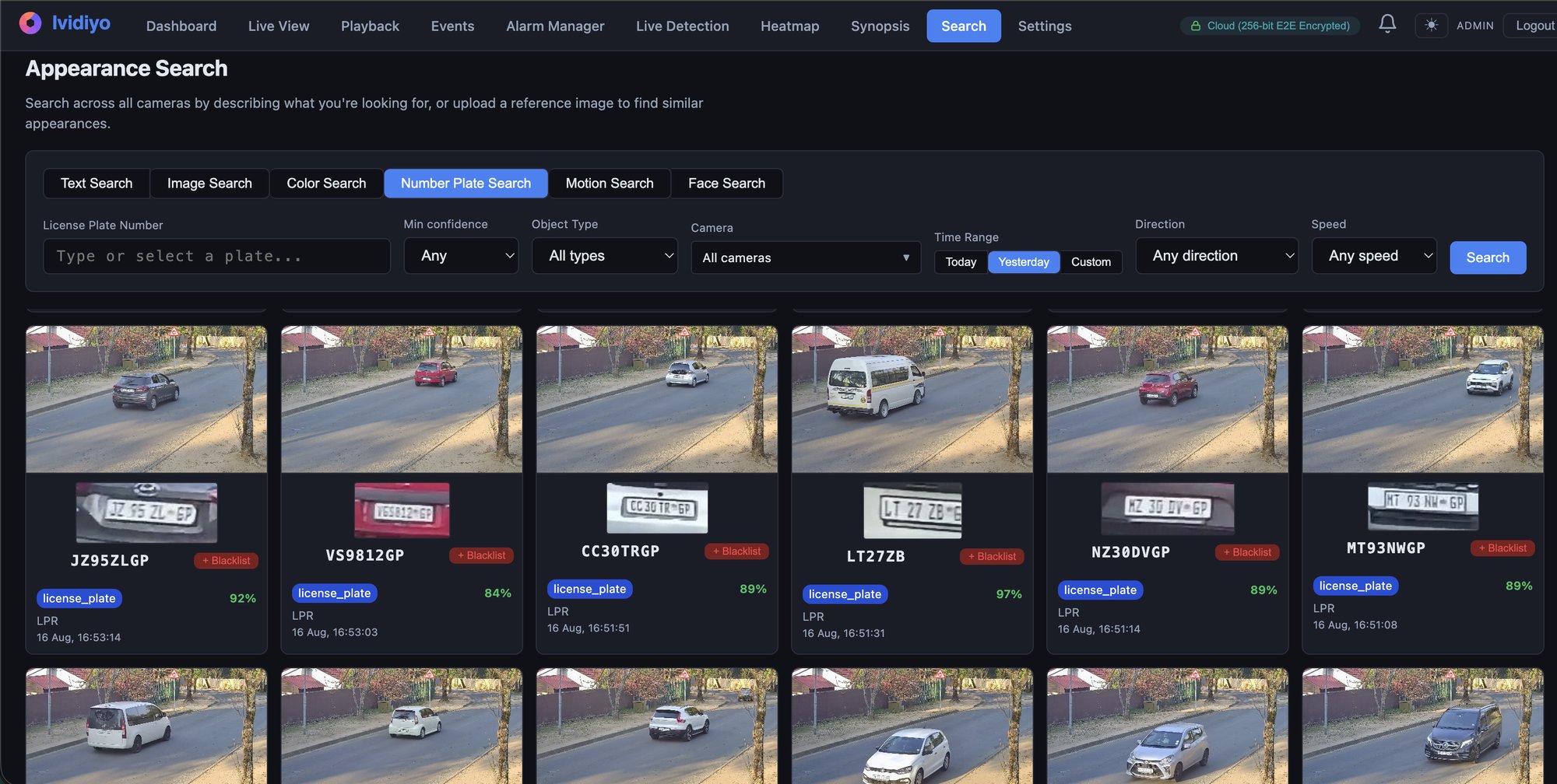 Forensic search — number plate search results